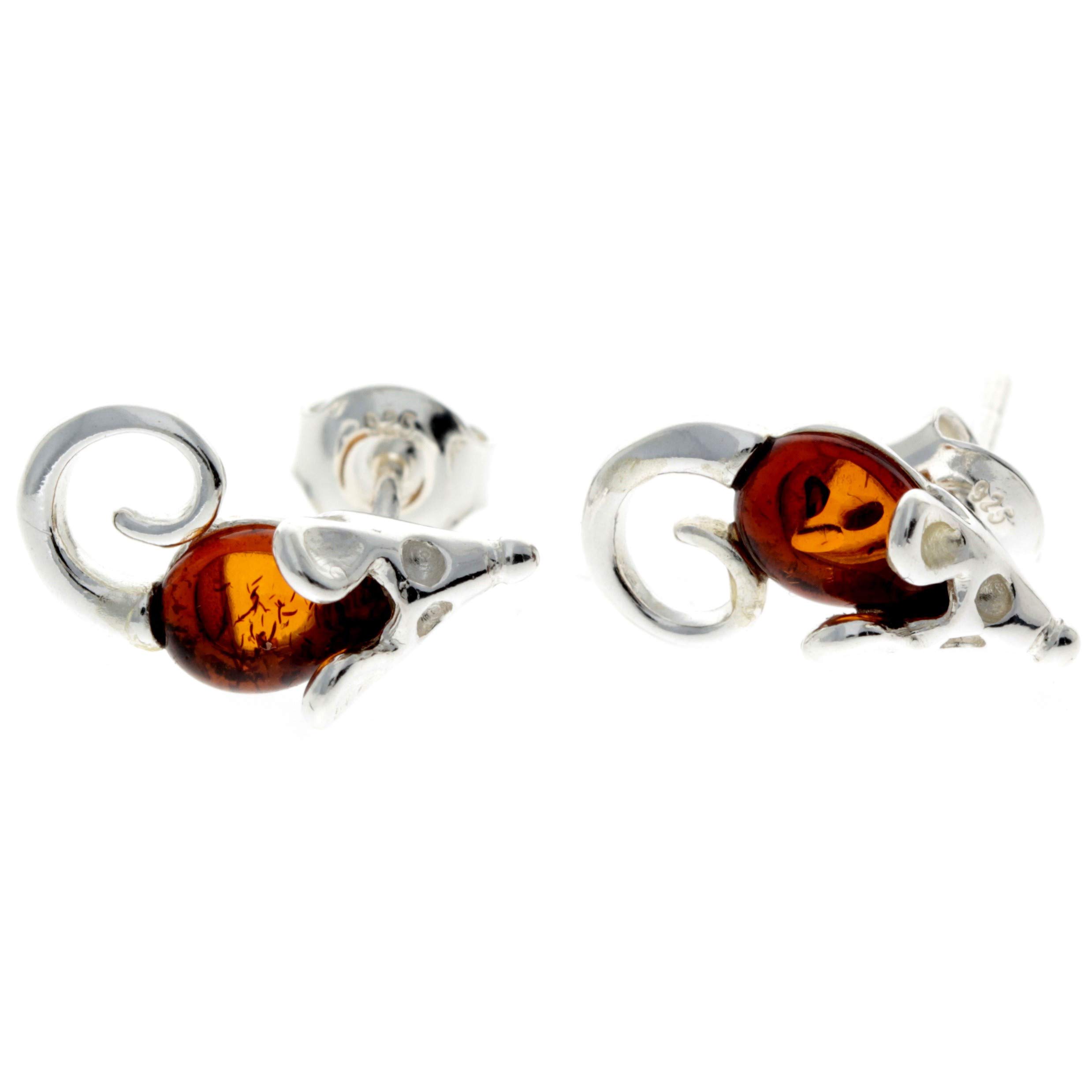 Genuine Natural Cognac Baltic Amber and 925 Sterling Silver Tiny Mouse Studs Earrings GL188C