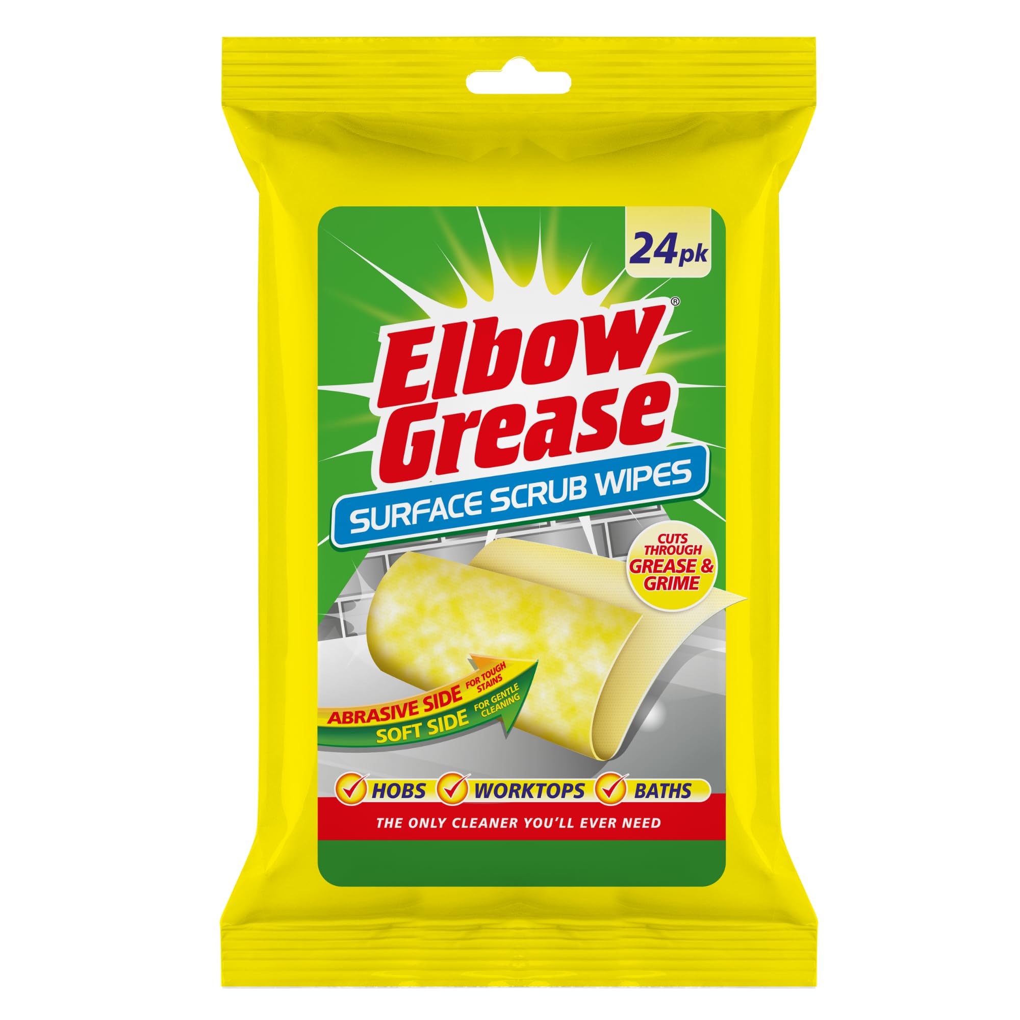 Elbow Grease Surface Scrub Wipes - Cuts Through Grease & Grime | Double Sided, Lemon Fresh (24 Wipes Per Pack)