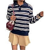 MakeMeChic Women's Striped Sweater Button Up Long Sleeve Preppy Rugby Pullover Tops