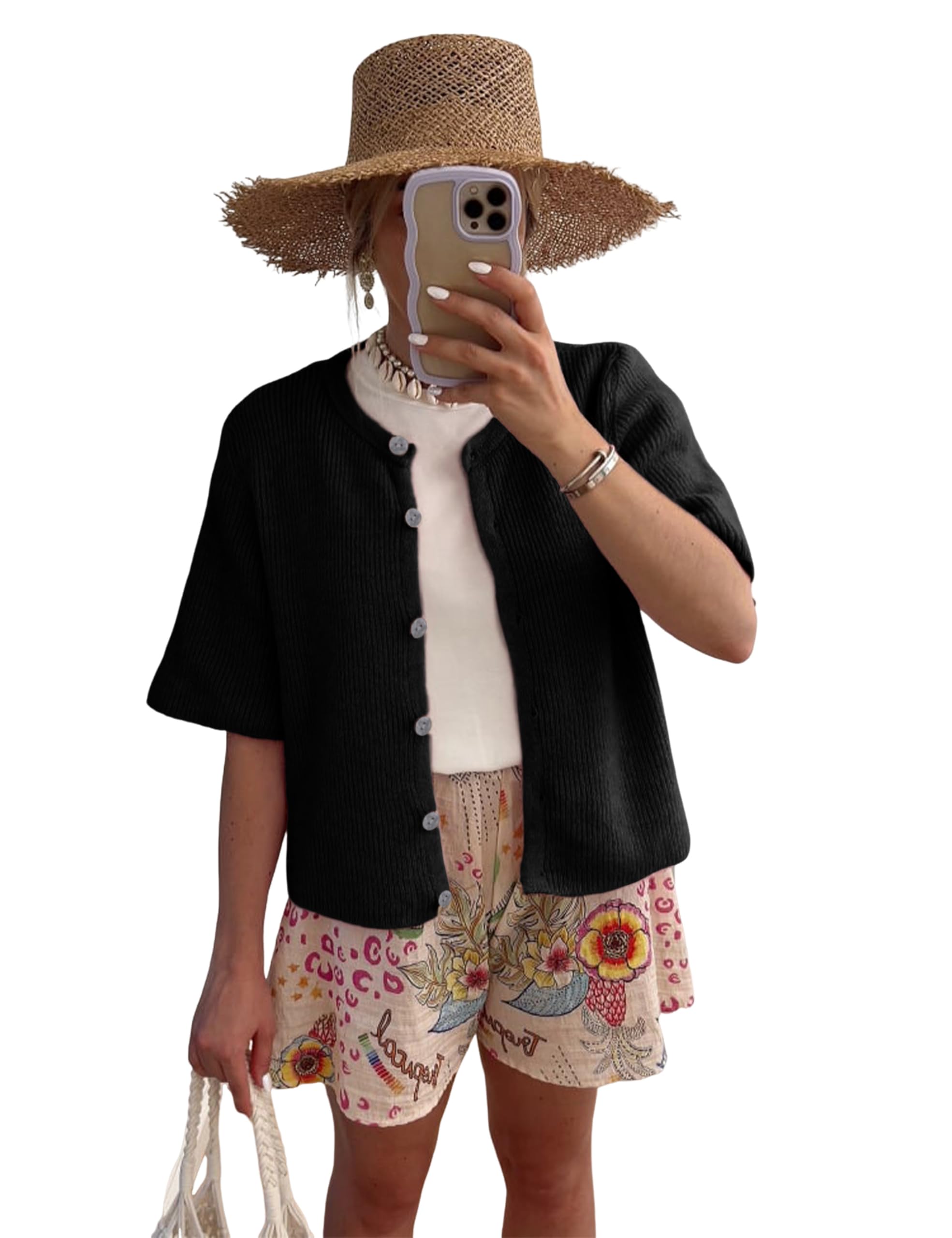 Photo 1 of SCUSTY Women's Lightweight Cardigan Short Sleeve Button-Down Summer Cardigan Sweater(Black-S)