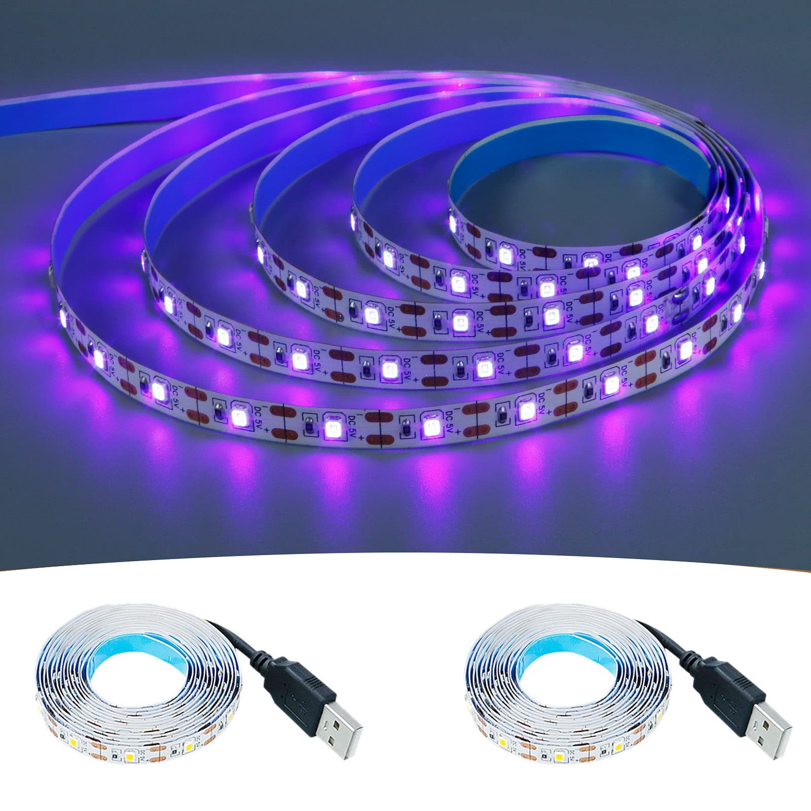KXZM Black Light LED Strip, 5V USB Powered 4M (2pcs x 2M) Purple 395-400nm Flexible SMD2835 No-Waterproof IP20 LED Tape Lights