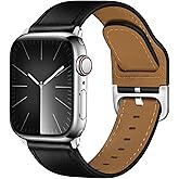 YALOCEA Leather Bands Compatible with Apple Watch Bands 49mm/46mm/45mm/44mm/42mm for Men Women, Top Grain Genuine Strap for iWatch Ultra 3/2/1 Series 11 10 9 8 7 6 5 4 3 2 1 SE 3/2/1, Black/Silver