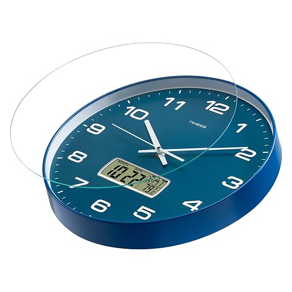 TIMESS WALL CLOCK, 14″ LARGE DIAL NON-TICKING SILENT BATTERY OPERATED ANALOG WITH LCD DISPLAY FOR PERPETUAL CALENDAR AND F° TEMPERATURE, IDEAL MODERN HOME, BEDROOM, KITCHEN, OFFICE DECOR (BLUE)