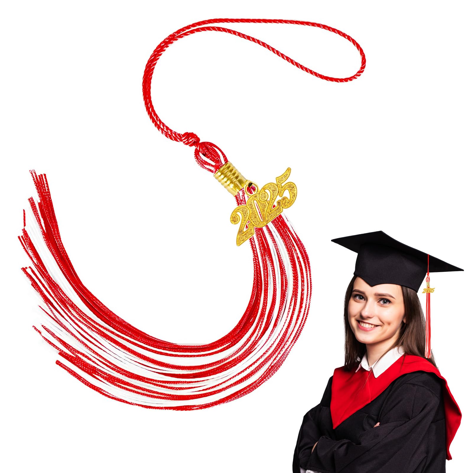 Photo 1 of 2025 Red White Graduation Tassel: Class of 2025 Tassel for Graduation Cap 2025, Charm Cap Decorations, Charm Ceremonies Accessories for Graduates - 1 PCS with Gold Date