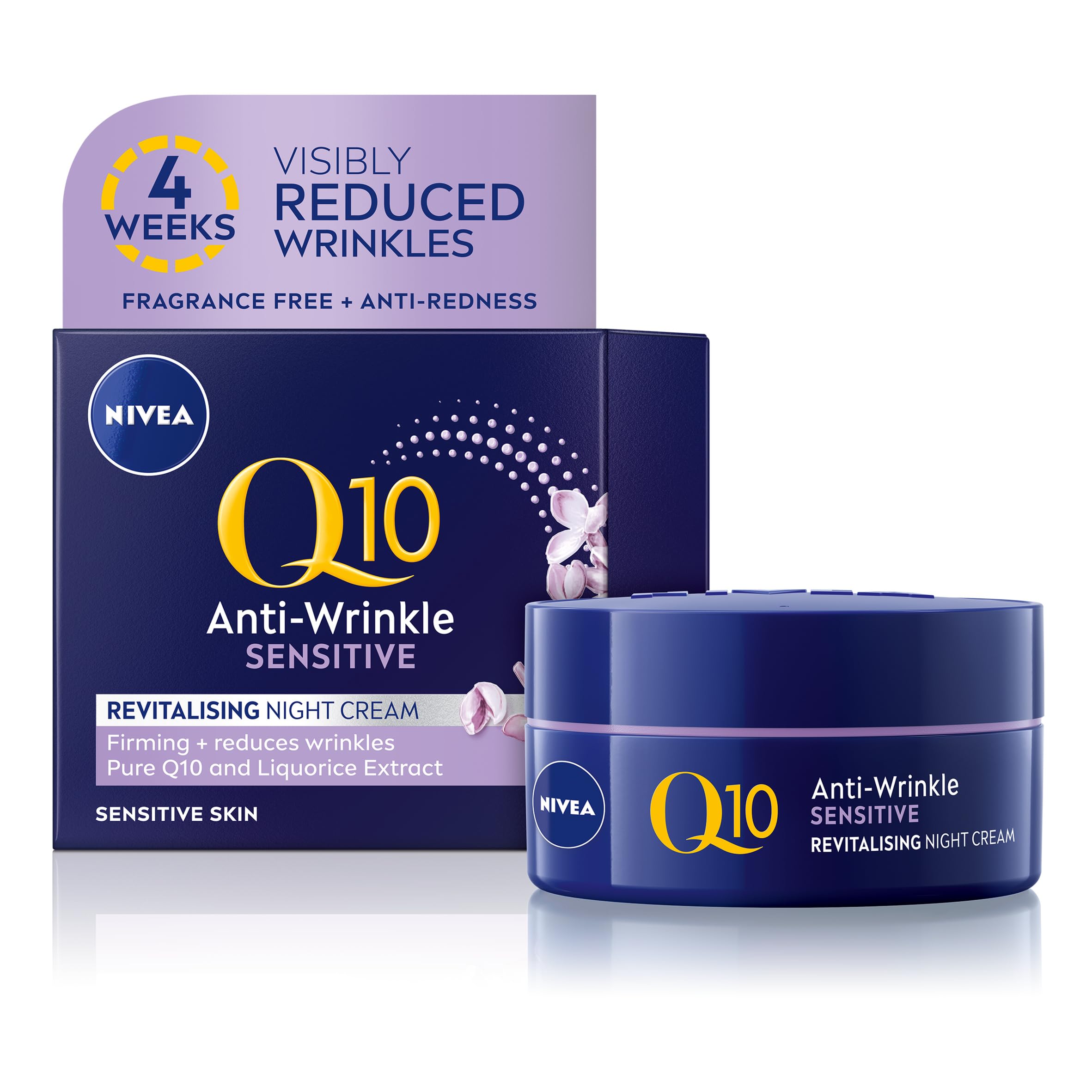 NIVEA Q10 Anti-Wrinkle Sensitive Revitalising Night Cream (50ml), Face Cream with Pure Skin Identical Q10 and Liquorice Extract, Sensitive Skin Cream