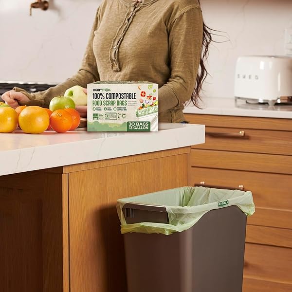 13 GALLON COMPOST BAGS WITH HANDLES – 30 COUNT BIODEGRADABLE TRASH BAGS, COMPOSTABLE TRASH BAGS, 13 GALLON TRASH BAGS, CERTIFIED BY BPI AND OK COMPOST, FOOD SCRAP GARBAGE BAGS, TALL KITCHEN