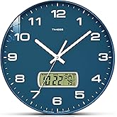 TIMESS 10-Inch Non-Ticking Analog Wall Clock with LCD Display, Blue | Perpetual calendar, Fahrenheit temperature, easy-to-read analog dial, battery operated, ideal for bedroom, kitchen, or office
