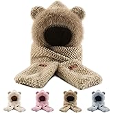 nemokamai Hooded Scarf for Women Winter, Cute Bear Ear Hat Scarf 3 in 1 Faux Fur Gloves Set