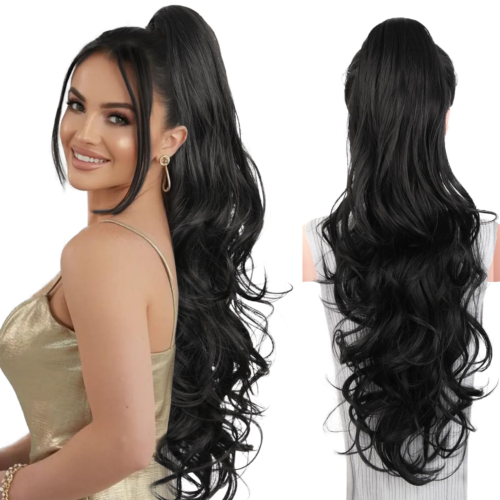 Photo 1 of 26 Inch Black Ponytail Extension - Soft Wavy Pony Tails Hair Extensions, Claw Clip Ponytail Extension, Natural Long Hair Extensions Ponytail, Synthetic Hair Pieces for Women (Color: Black)
