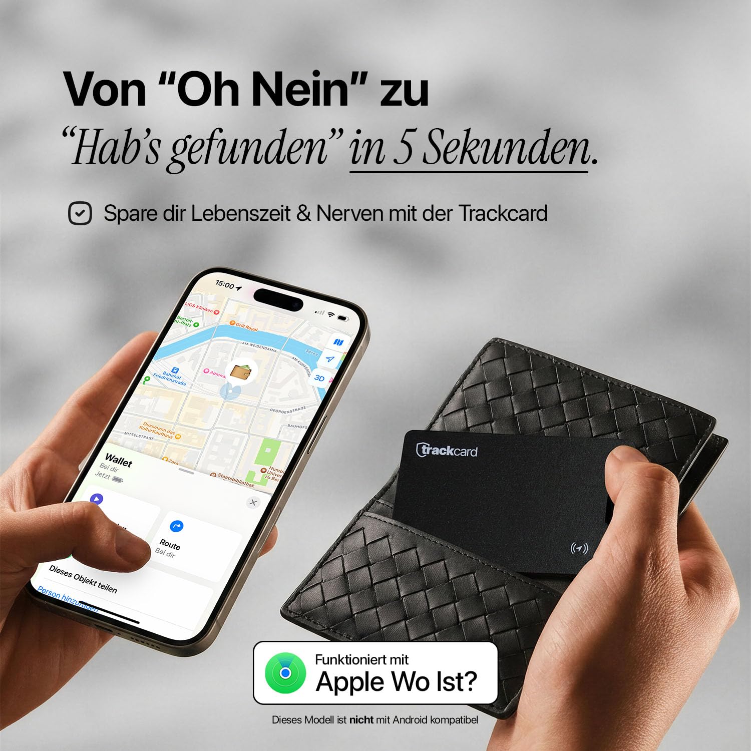 TRACKCARD® Tag AirTag Alternative Karte für Geldbeutel - Wiederaufladbar, Smart, Slim & Laut, Kompatibel mit Apple Wo Ist & Find My (iOS) iPhone Bluetooth Tracker Karte für Wallet 2