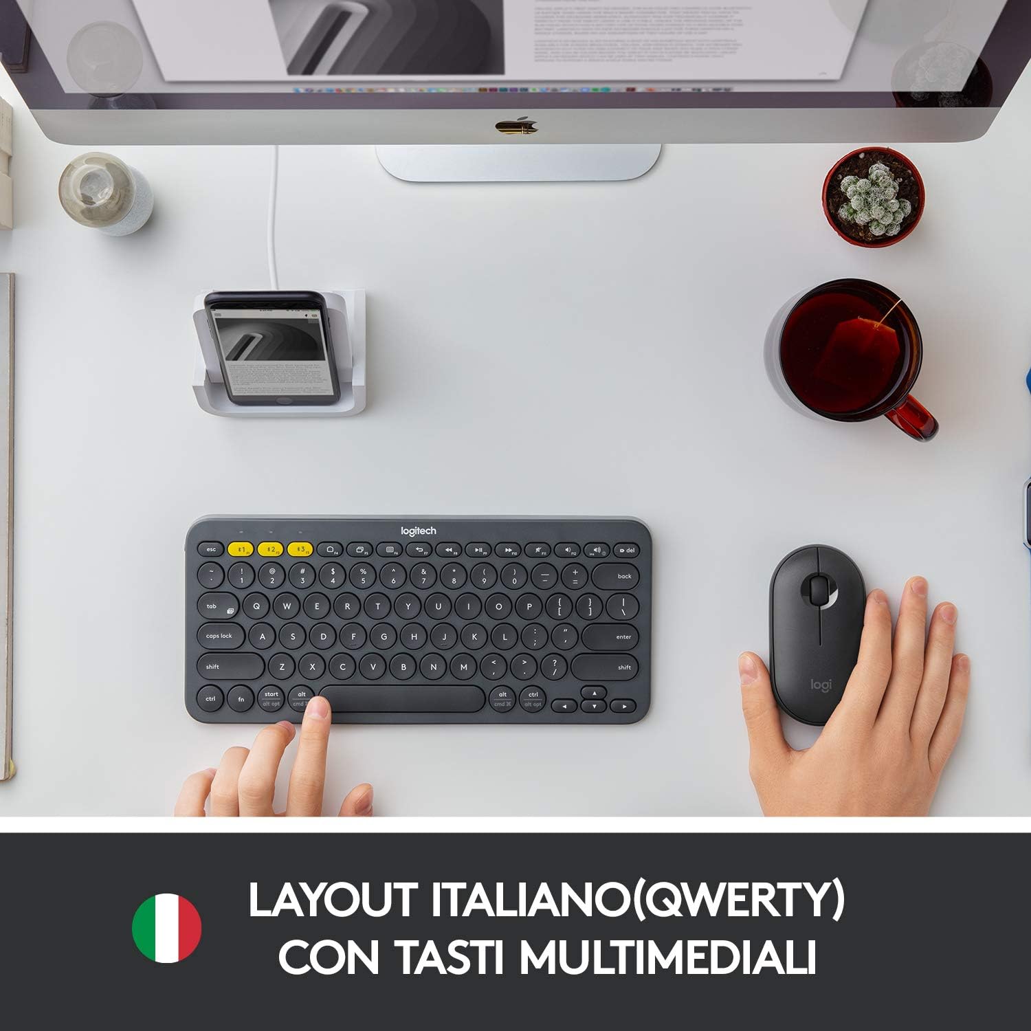 Logitech K380 Wireless Multi-Device Keyboard, QWERTY Italian Layout - Black - Dark Grey - Image 3