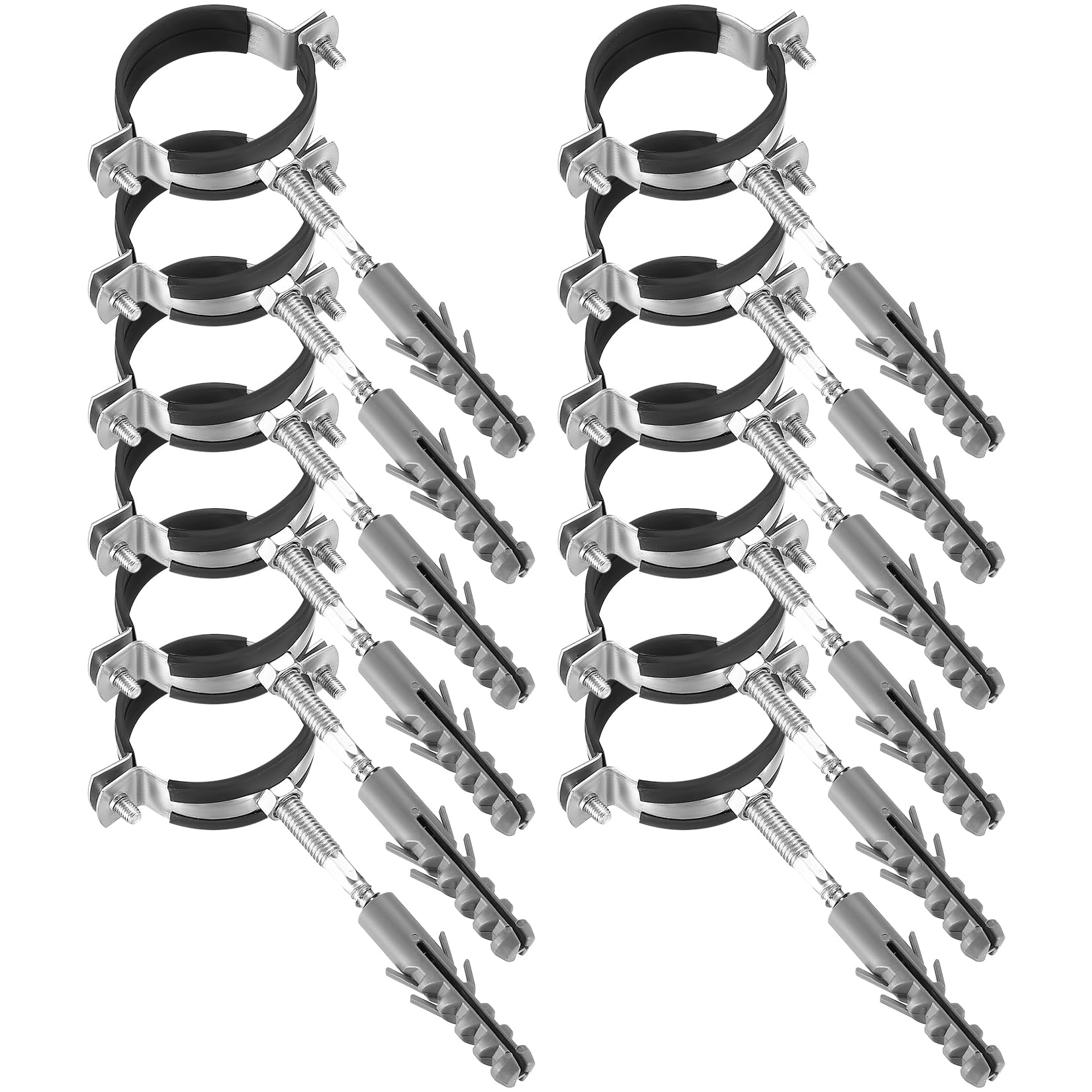 36 x 50 mm Hose Clamps: 12 Screw Clamps + 12 Dowels + 12 Hanging Bolts, Wall Hose Mounting Bracket with Rubber Insert for Plumbers, Round Pipes
