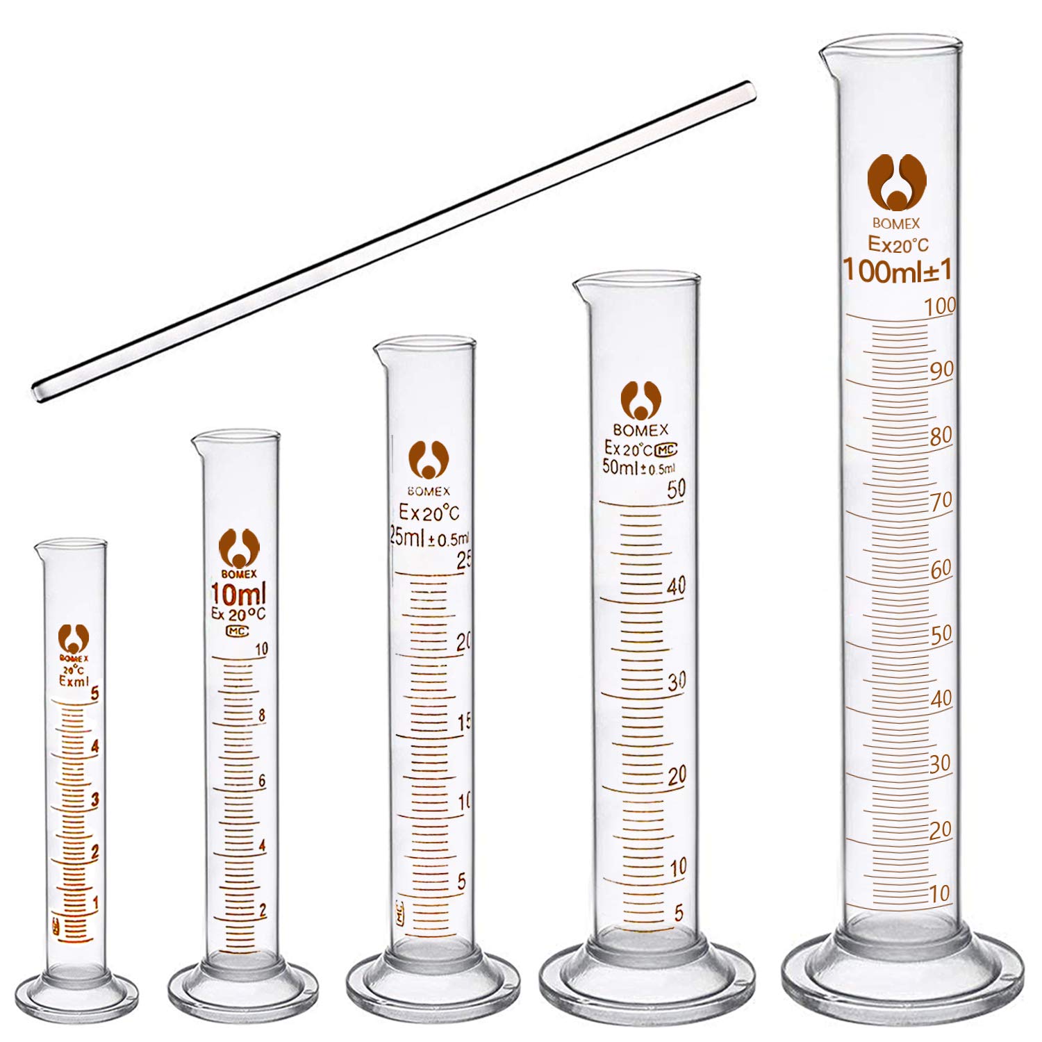 COCOCITY 5pcs Graduated Measuring Cylinder Set (5ml, 10ml, 25ml, 50ml, 100ml) with Glass Rod, Borosilicate Glass, White