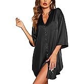 Ekouaer Satin Nightgowns for Women Silk Sleepwear Button Down Sleepshirt 3/4 Sleeve V-Neck Nightshirts with Pockets