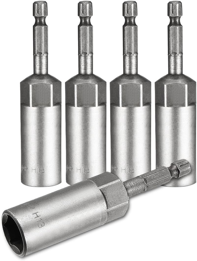 Sourcingmap 5 Pcs 1/4" Quick-Change Hex Shank 13mm Nut Setter Driver Drill Bit, 80mm Length, Metric No-Magnetic