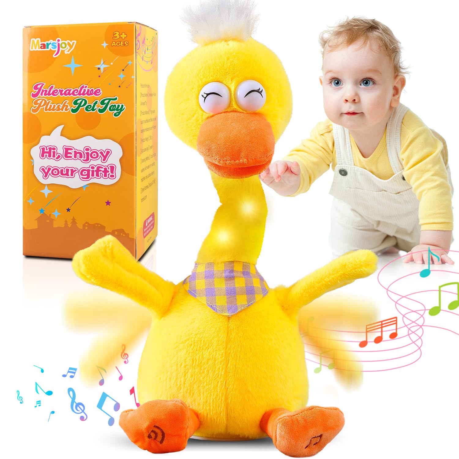 Marsjoy 13" Talking Dancing Duck, Repeating What You Say Mimicking Recording Plush Baby Toy Musical English Songs Singing Glowing Animated Twisting Gift of Lighting Up Toy for Boy Kid