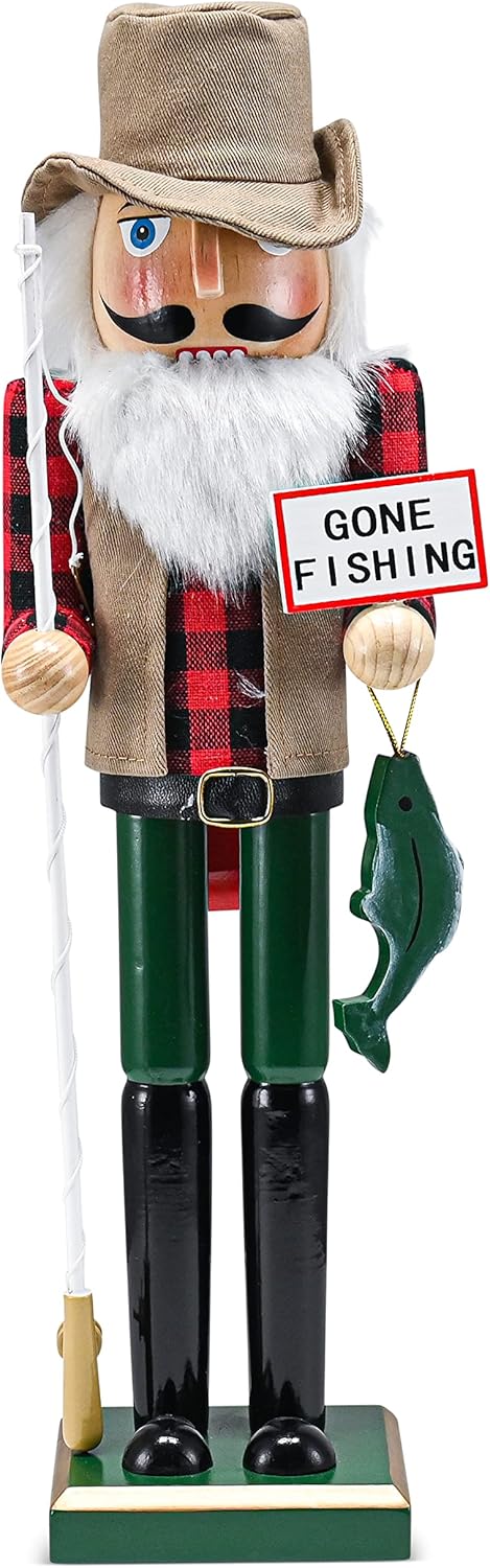 Nutcrackers - Ornativity Christmas Fisher Man Nutcracker – Red and Green Wooden Fisherman Nutcracker Man with Fishing Rod and Fish in Hand Xmas Themed Holiday Nut Cracker Doll Figure Decorations