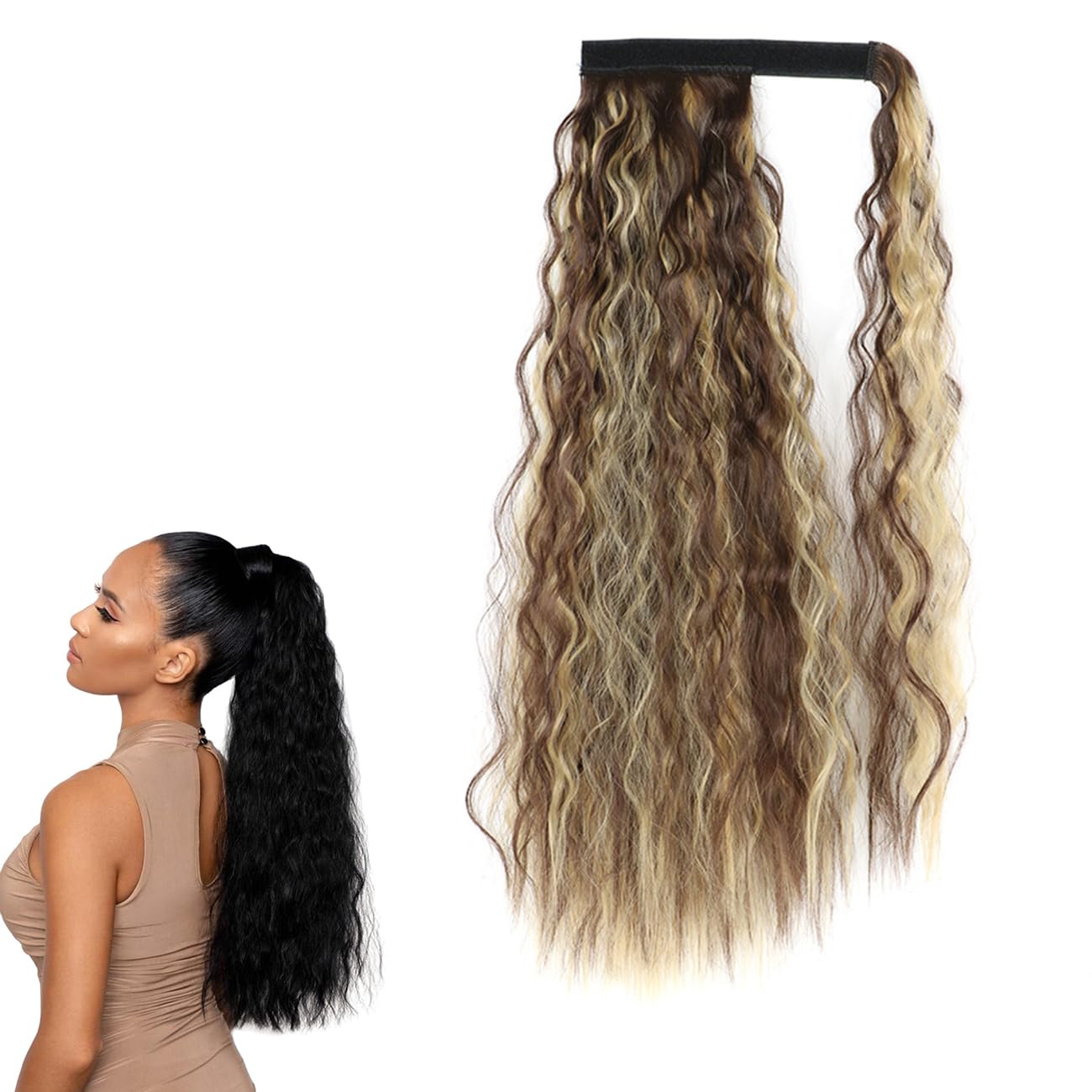 prinfantasy Corn Wave Fashion Color Wrap Around Ponytail Clip in Hair Extensions One Piece Binding Tie up Pony Tail Long Synthetic Ponytails Hair Extension GBMW065
