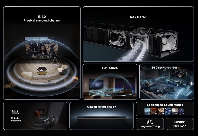 Q75H 5.1.2 ch soundbar per TV, 620 Watt, Home theater, Cinema Surround, Sound Expansion, Dolby Atmos, DTS:X, HDMI eARC, Bluetooth 5.1, un telecomando, USB, Ottico, Montaggio a parete possibile