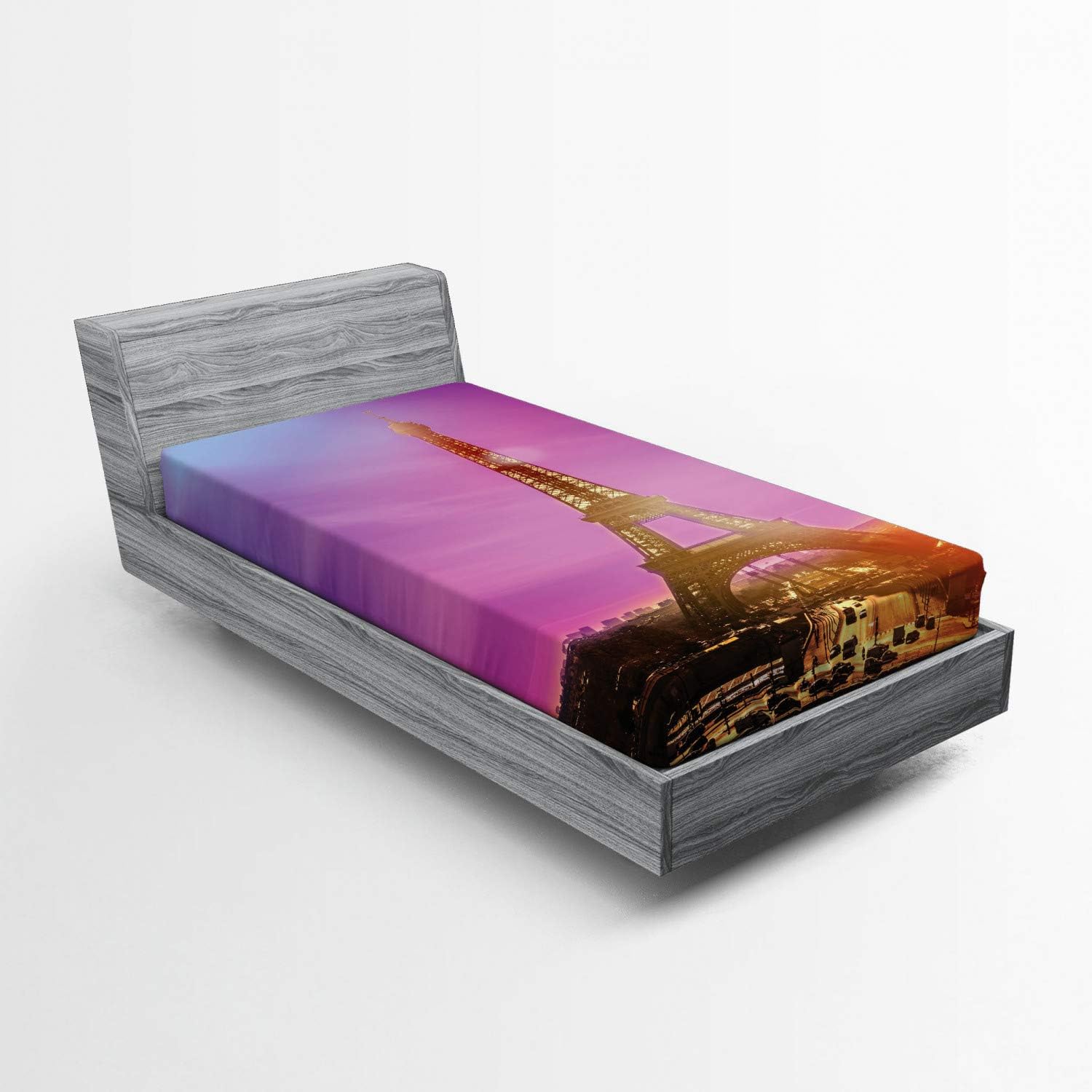 Ambesonne Eiffel Tower Fitted Sheet, Famaous Paris Landmark with Urban View Under and Vivid Pink Purple Tone Sky, Soft Decorative Fabric Bedding All-Round Elastic Pocket, Twin Size, Purple Tan
