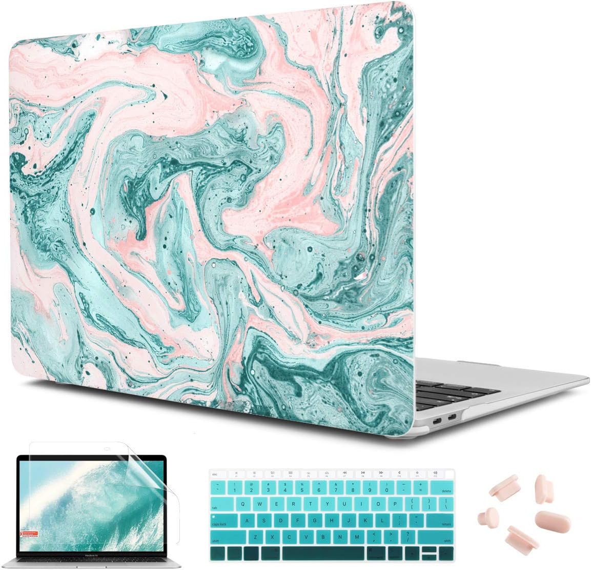 CiSoo New MacBook Air 13 Inch Case Marble 2020 2019 2018 with Keyboard Cover Skin for MacBook Air 13 A1932 A2179 Model with Touch ID Retina Display,Clear Finish Pattern Hard Cover Shell - Green Marble