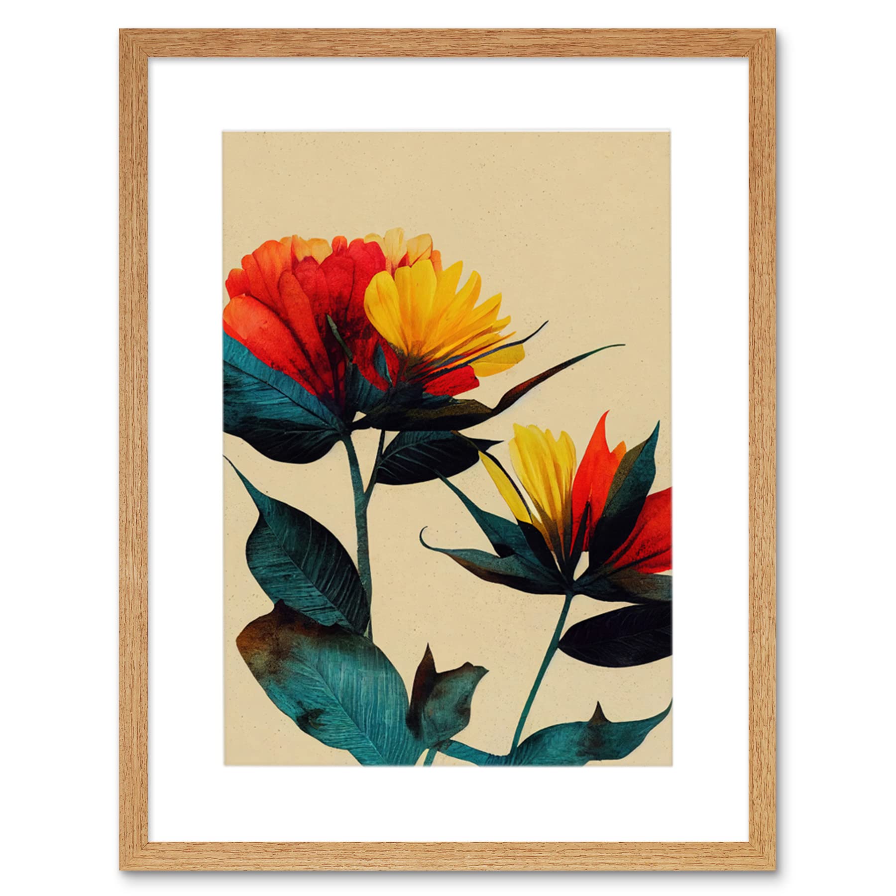 Wee Blue Coo Botanical Bold Flowering Yellow Red Teal Artwork Framed Wall Art Print 12X16 Inch