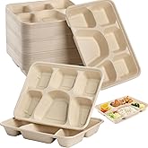 NROZIET 50 Pack 6 Compartment Disposable Plate, Heavy Duty Divided Paper Plates for Dinner, Microwavable Freezer Safe School Food Lunch Platter Tray for Party Dinner Buffet