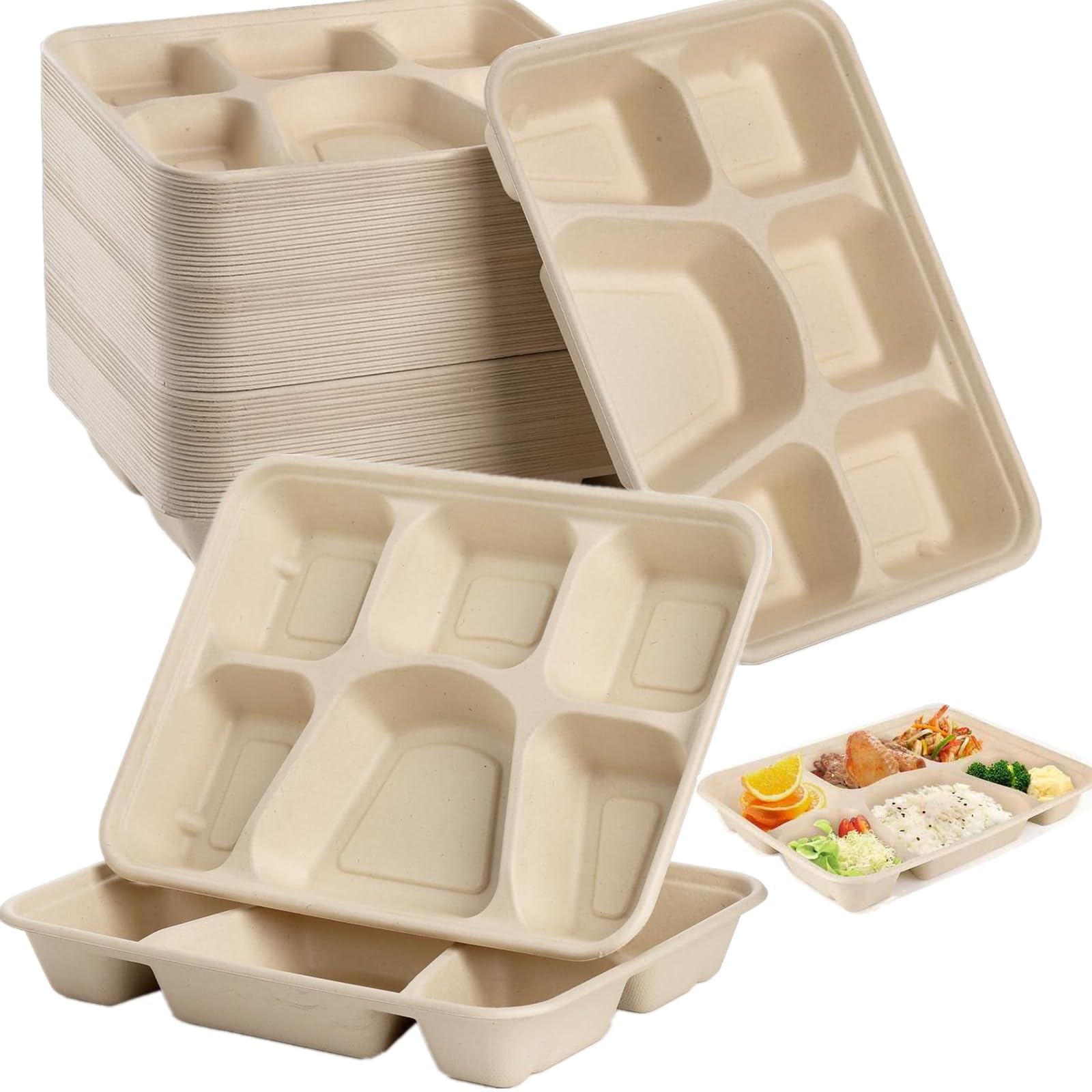 Photo 1 of NROZIET 50 Pack 6 Compartment Disposable Plate, Heavy Duty Divided Paper Plates for Dinner, Microwavable Freezer Safe School Food Lunch Platter Tray for Party Dinner Buffet