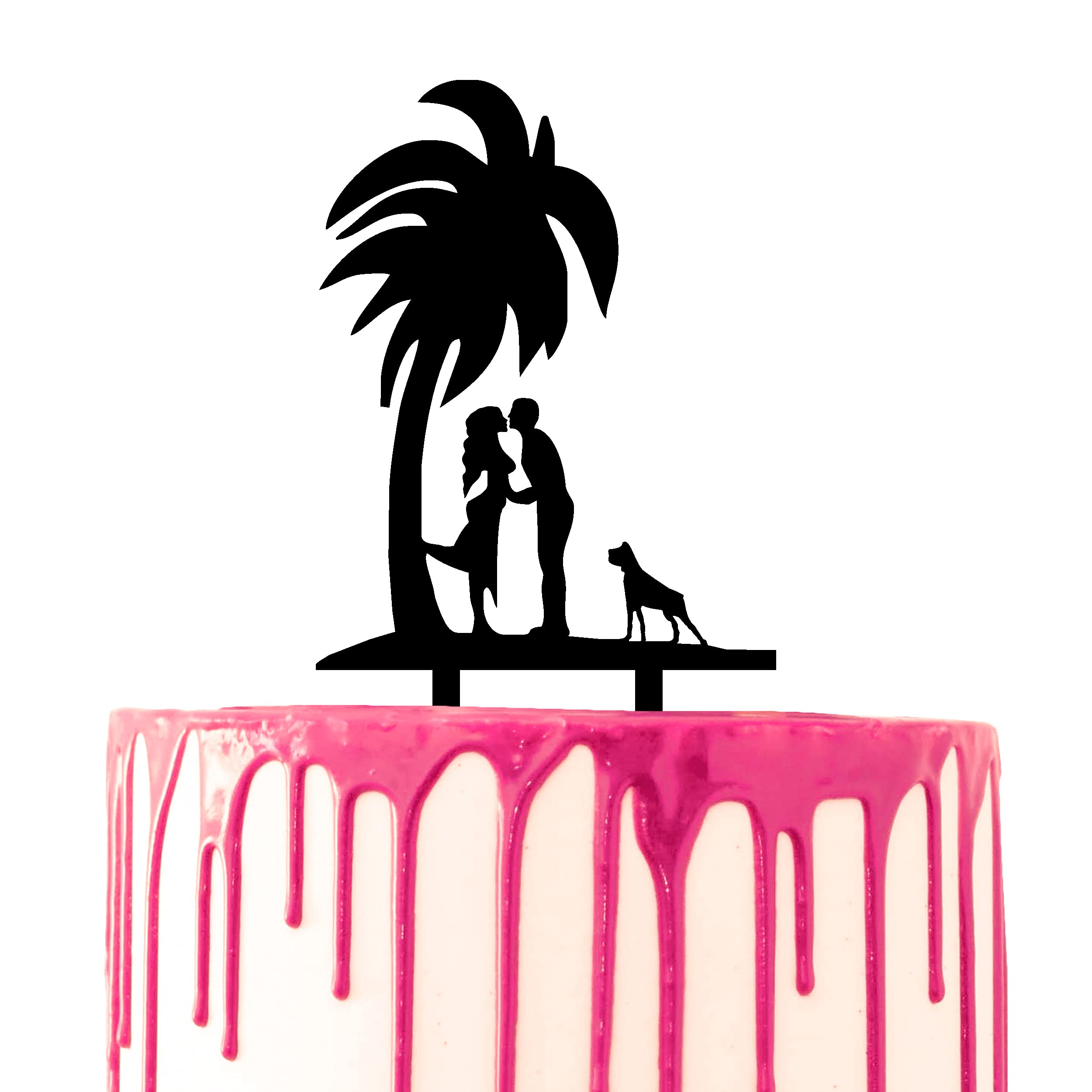 CARISPIBET wedding cake topper groom and bride kissing by the palm tree with their pet dog on the side