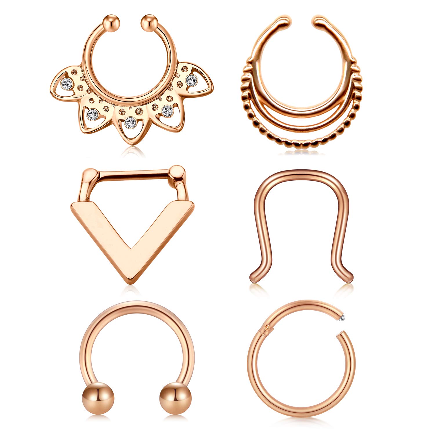 VFUN Septum Piercing Stainless Steel Nose Clicker Nose Rings Helix Cartilage Earrings Hoop Septum Rings for Women Men - Rose Gold