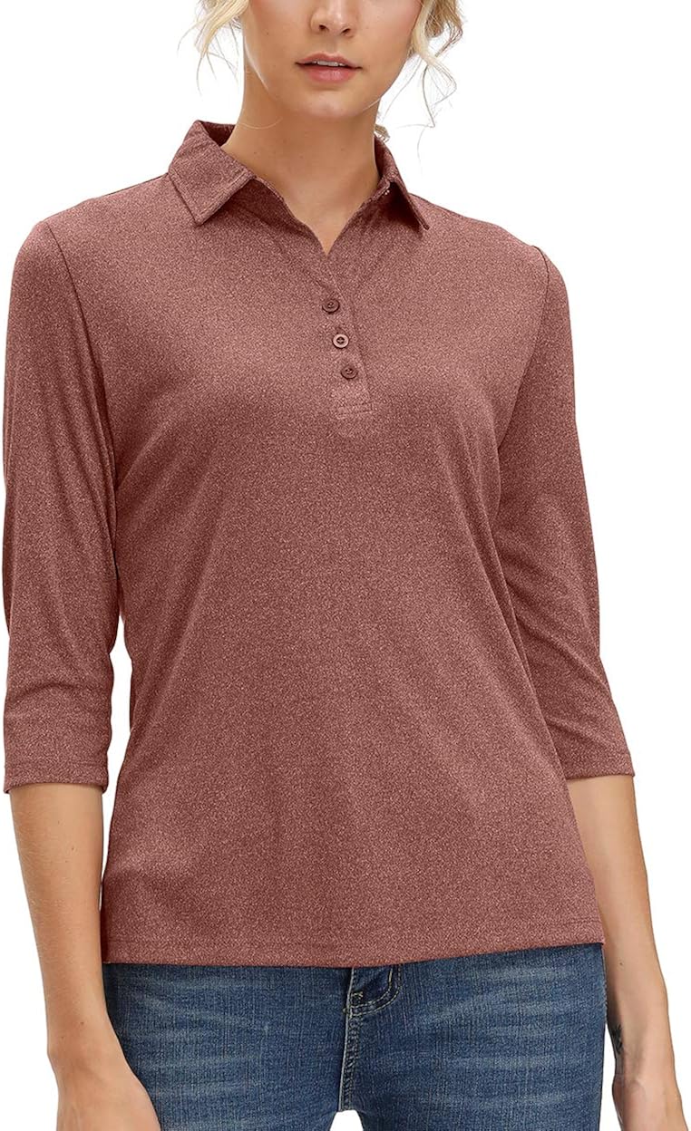 Women's 3/4 Sleeve V Neck Golf Shirts Moisture Wicking Performance Knit Tops Fitness Workout Sports Leisure T-Shirt: Clothing