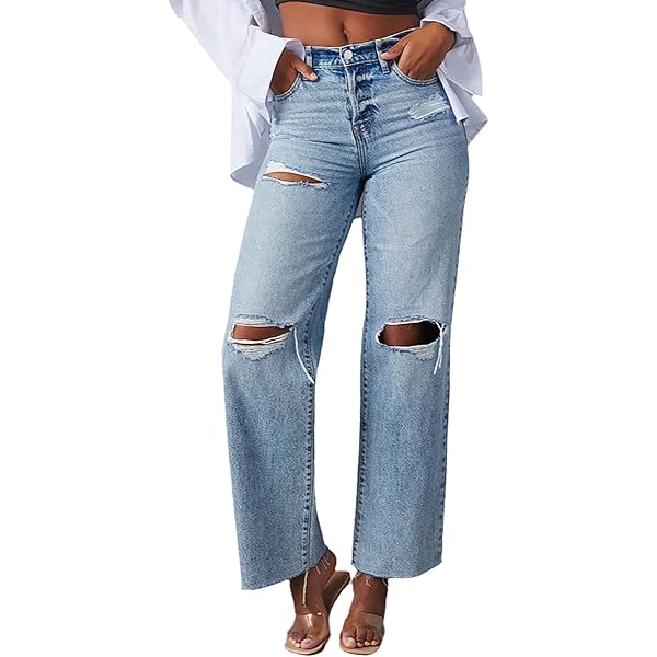 Amazon.com: TACSTRUN Women's Ripped Straight Leg Jeans Trendy High