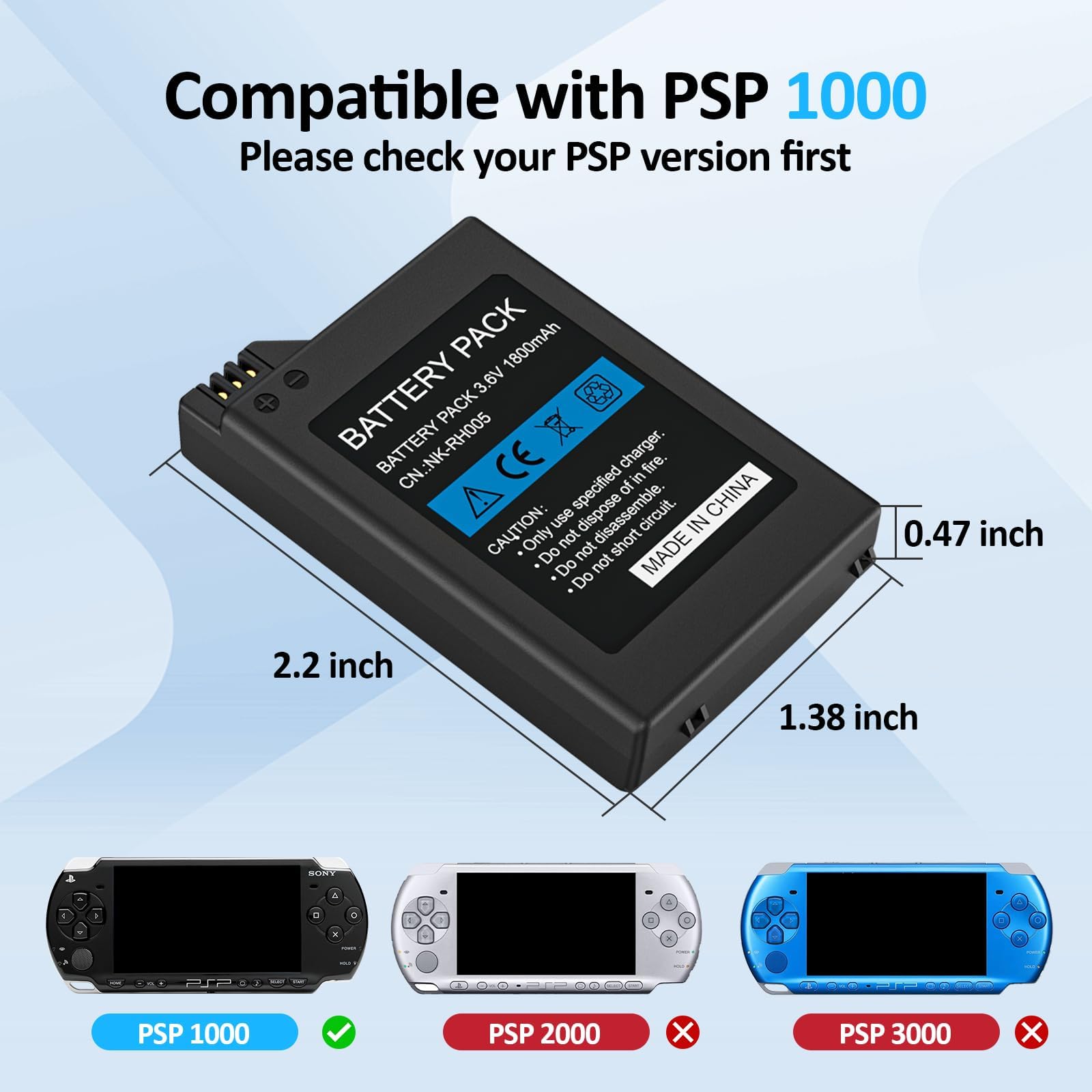 PSP Battery, 2Pcs 3.6v 1800mAh Lithium Polymer Replacement Batteries with USB Charging Cable for PSP 1000 1001, PSP-110 (1002, 1003, 1004, 1005, 1006, 1007, 1008, 1010), PSP Fat Console