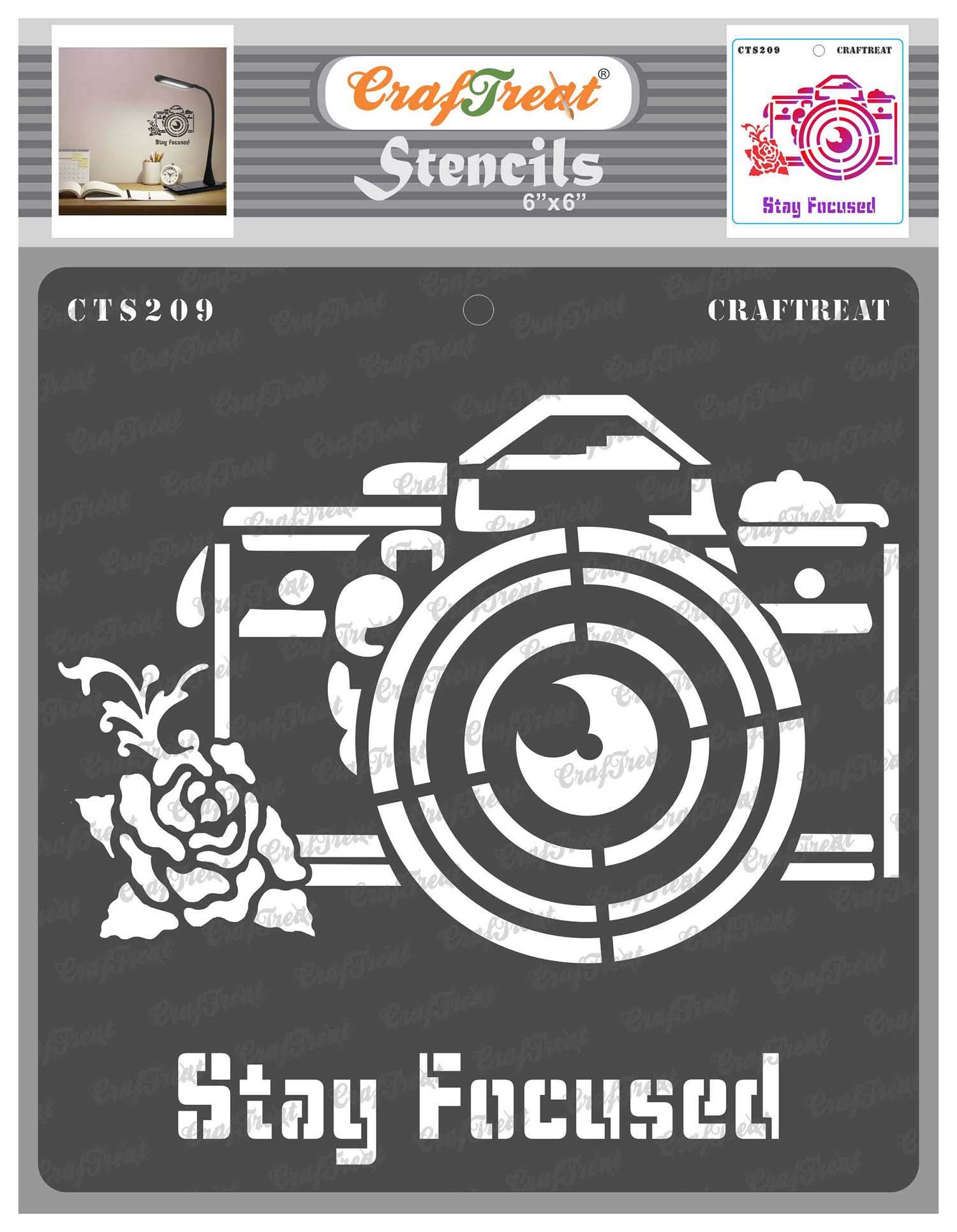 CrafTreat Reusable Camera Stencils for Painting on Wood, Canvas, Paper, Fabric, Floor, Wall and Tile - Stay Focused - 6x6 Inch - DIY Art and Craft Stencils - Photography Stencil