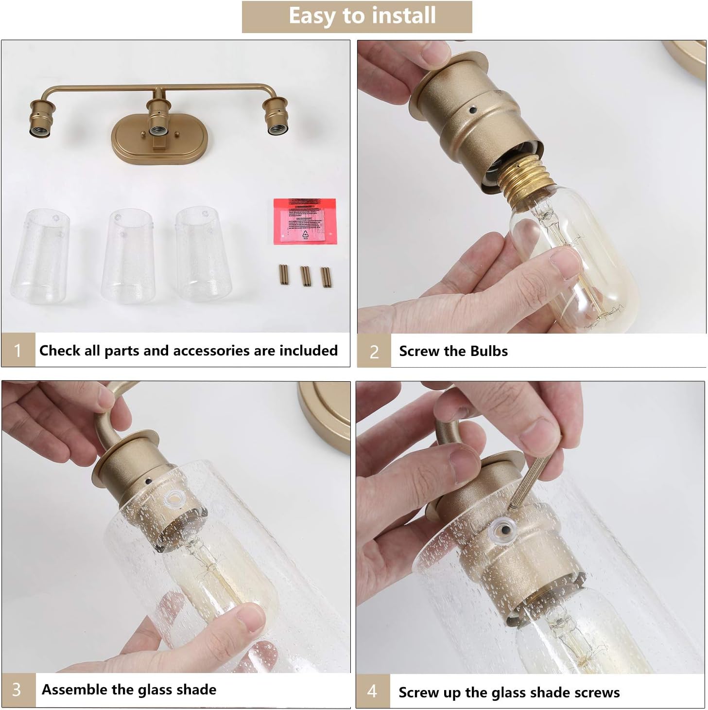 KSANA Gold Vanity Light 3 Modern Bathroom Fixture with Seeded Glass Shade - - 