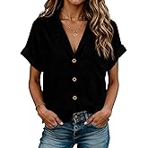 DANAZANA Women‘s Loose Fit Button Down Shirt 2026 | Casual Short Sleeve V-Neck Blouse with Cuff, Chest Pocket S-3XL