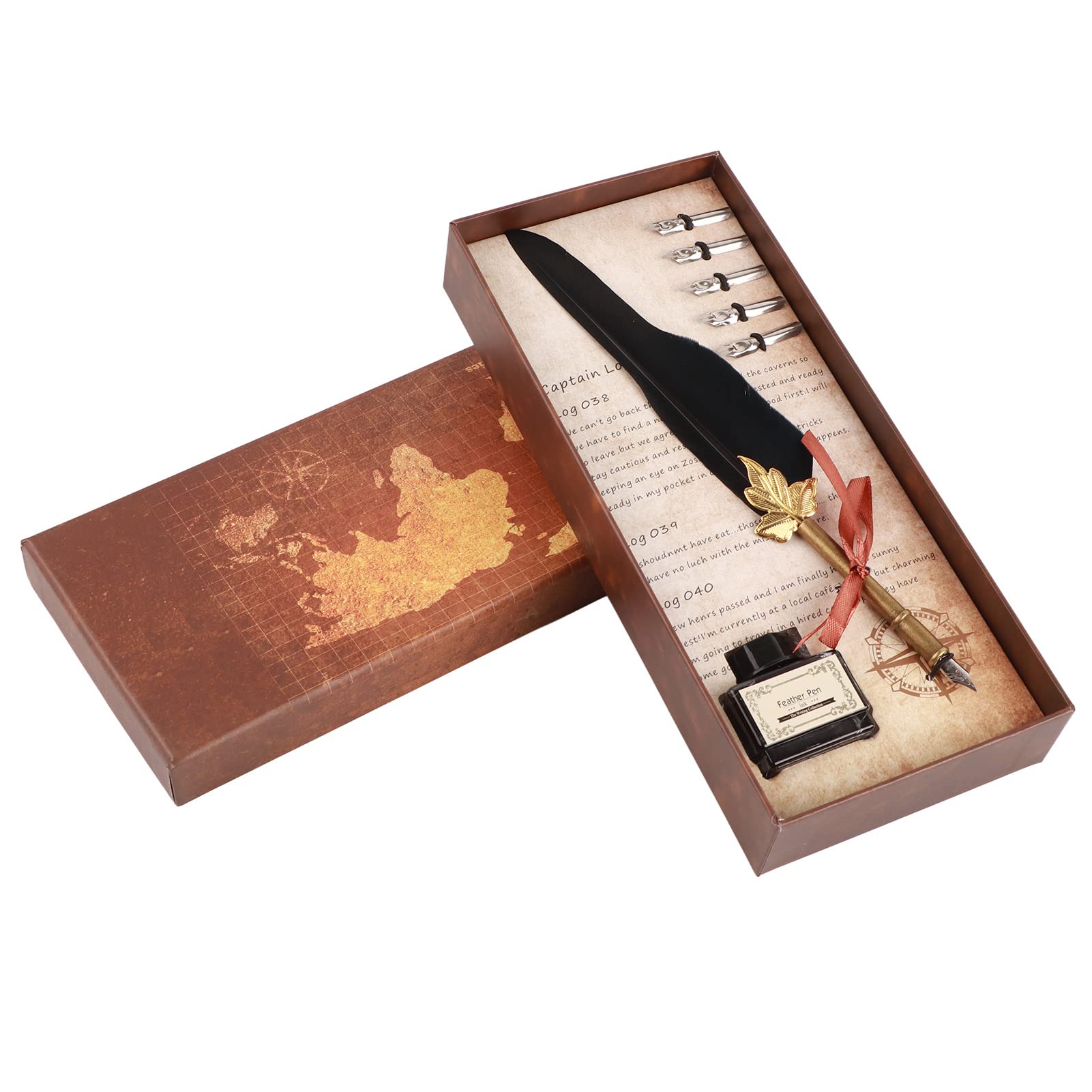 Hilitand Vintage Quill Feather Dip Ink Pen Retro Metal Nibs Calligraphy Writing Pen Vintage Retro Quill with Box (Black)
