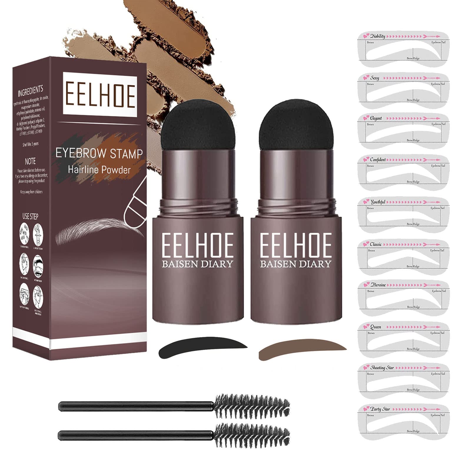 CTDMJ 𝐄𝐲𝐞𝐁𝐫𝐨𝐰 𝐒𝐭𝐚𝐦𝐩 𝐊𝐢𝐭 2Pieces Eyebrow Stamp Stencil Kit Waterproof Perfect Eyebrow Kit Eyebrow Stamp Makeup Tools with 10 Reusable Eyebrow Stencils and 2 Eyebrow Brush (Black+Brown)