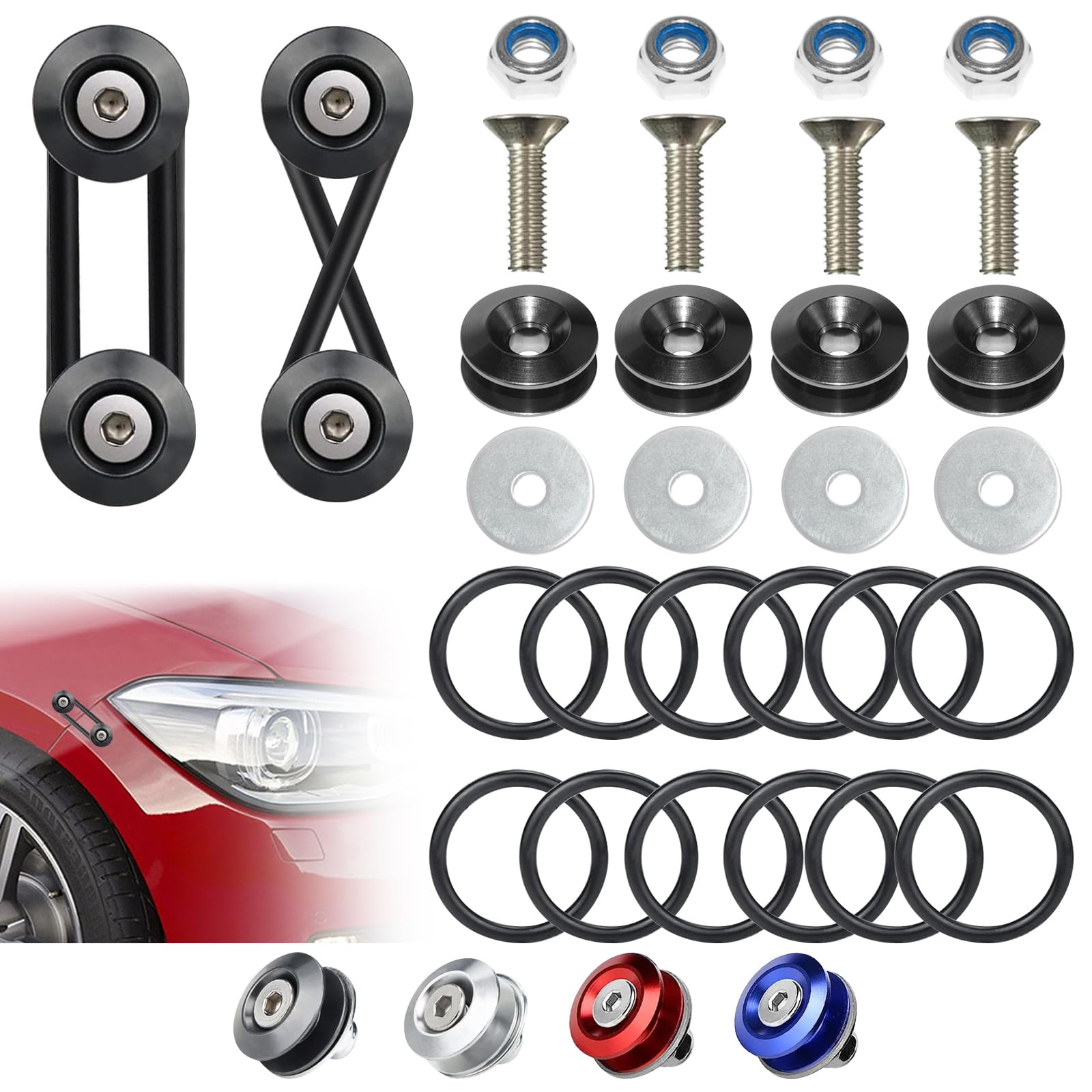 Photo 1 of BFXM Universal Bumper Clips, Front Rear Bumper Quick Release Kit, Bumper Holders for Cars (4 Black Bumper Quick Release Tabs and 12 Customized O-Rings)