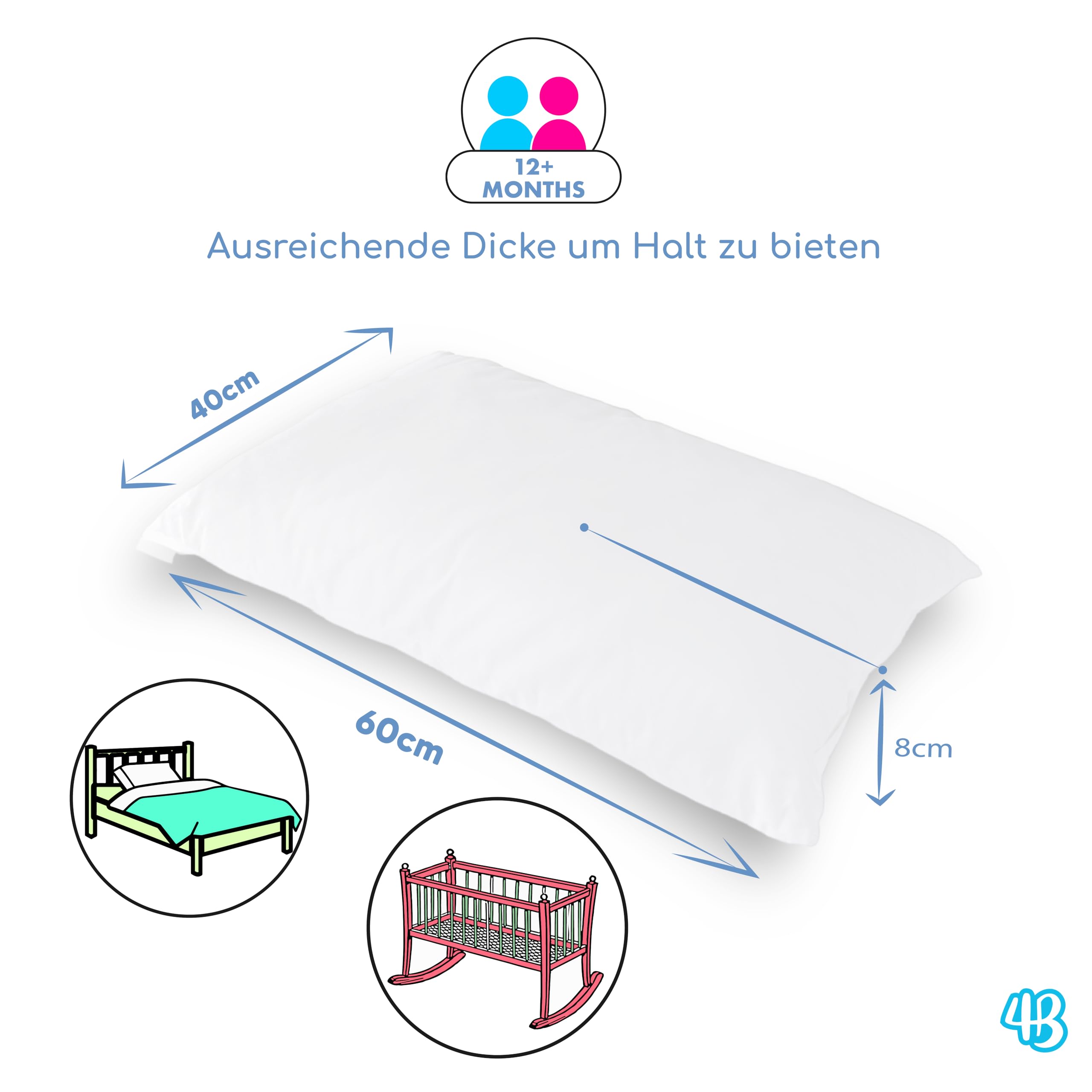 4BABIES - kinderkopfkissen 40x60, Baby Kissen ab 1 Jahr Atmungsaktiv, Antiallergisch mit Futter 100% italienische Baumwolle, Hypoallergen, Milbendicht 3