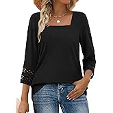 MixShe Tops for Women Square Neck 3/4 Sleeve Lace Trim Casual Lightweight Blouses