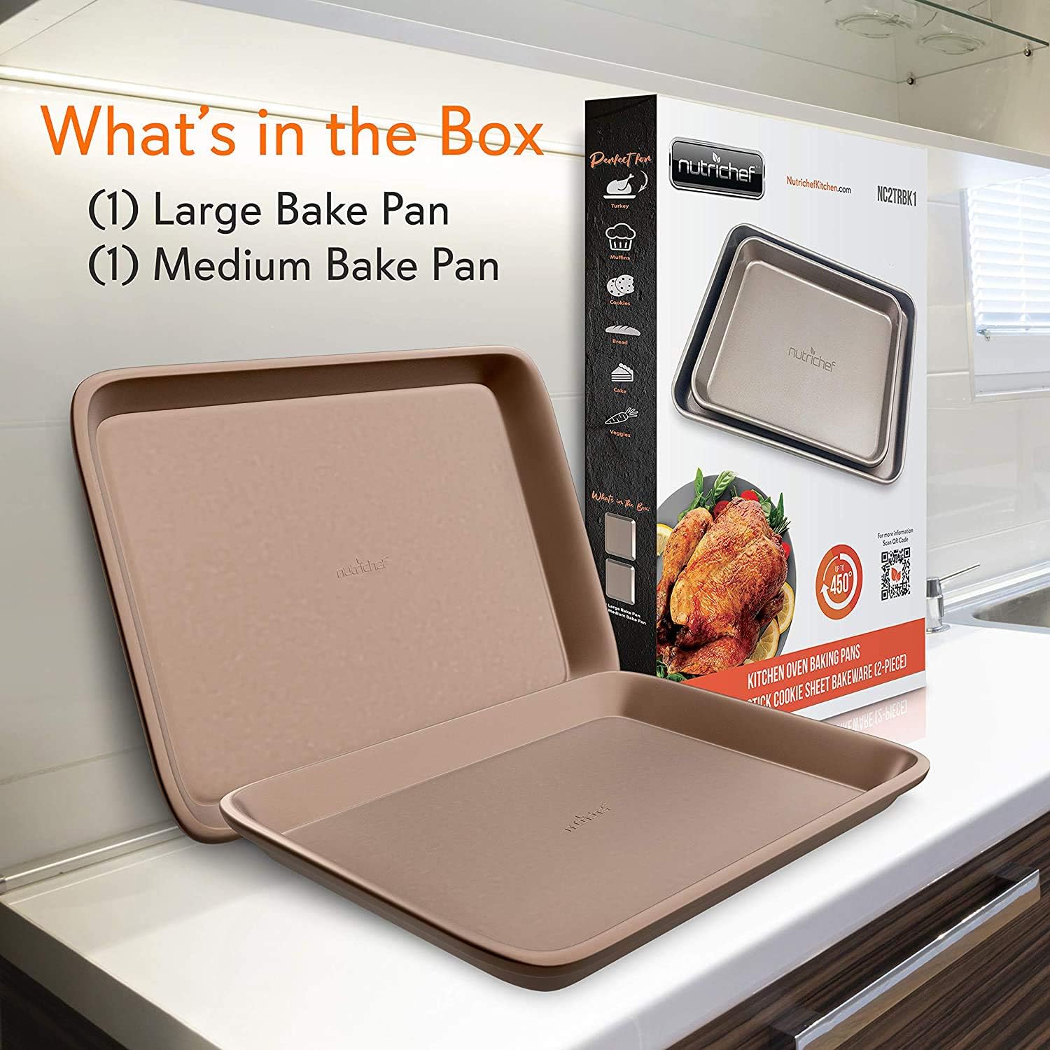 NutriChef Nonstick Cookie Sheet Baking Pan | 2pc Large and Medium Metal Oven Baking Tray - Professional Quality Kitchen Cooking Non-Stick Bake Trays w/Rimmed Borders, Guaranteed NOT to Wrap: Kitchen & Dining