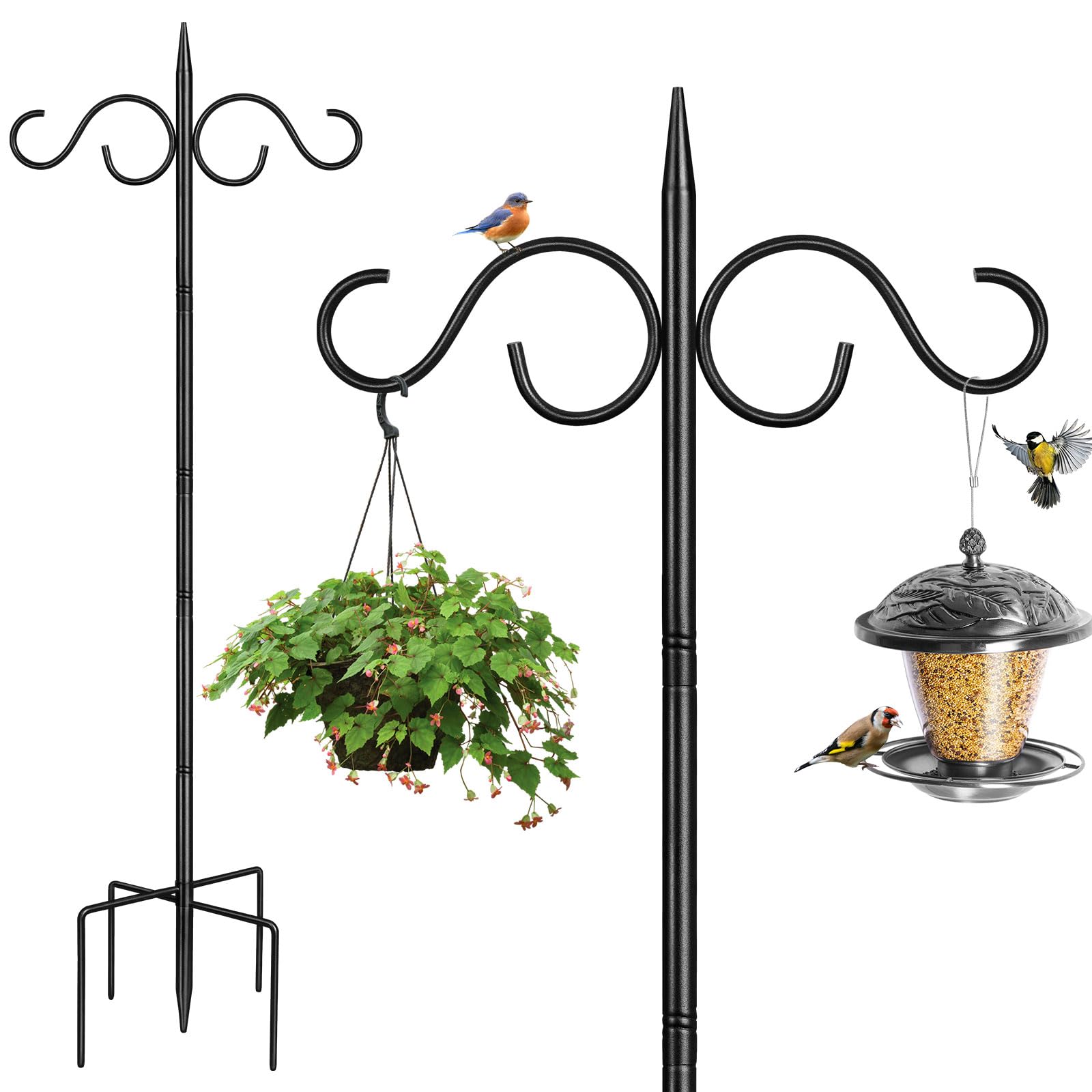Bird Feeder Poles and Hangers, 2M Heavy Duty Bird Feeding Hanging Station Stand with base, Double Shepherds Crook Hooks FreeStanding for Outdoors Lantern Garden Lights Flower Basket, Black,1 Pack