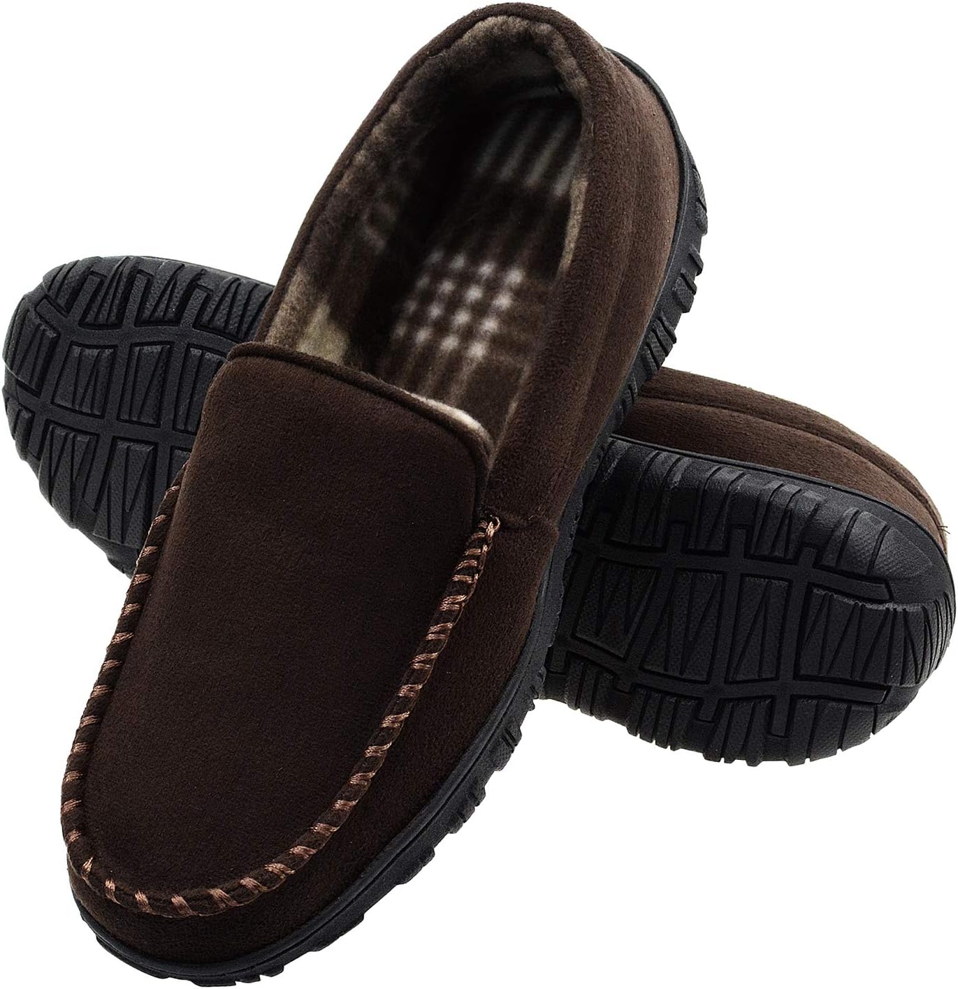 VLLY Men Slippers Bedroom Slipper Moccasin Rubber Sole Memory Foam Pile Lined Slip On House Wide Shoes Size