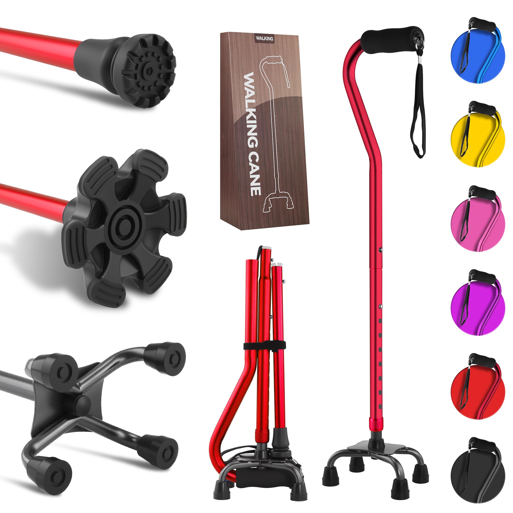 LIXIANG Quad Cane Adjustable Walking Cane with Offset Soft Cushioned Handle for Men & Women Lightweight Comfortable with 4-Pronged feet for Extra Stability Red Image