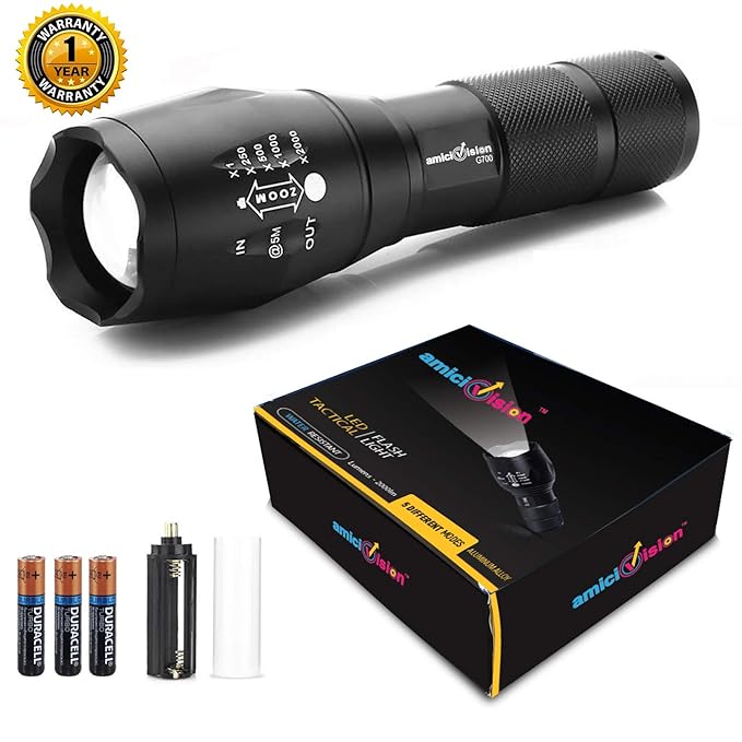 amiciKart Metal LED Torch Flashlight 2000 Lumens, XML T6WaterResistance 5Modes Adjustable Focus with 3AAA Duracell Batterie (Black)