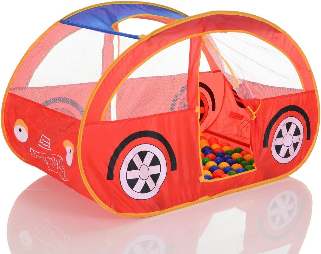 Pop Up Kids Play Tent Children House Car and 100 balls as ball pit - Red