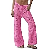 Saodimallsu Womens Crochet Swimsuit Coverup Pants High Waisted Drawstring Sexy Sheer Mesh Knit Wide Leg Beach Pants