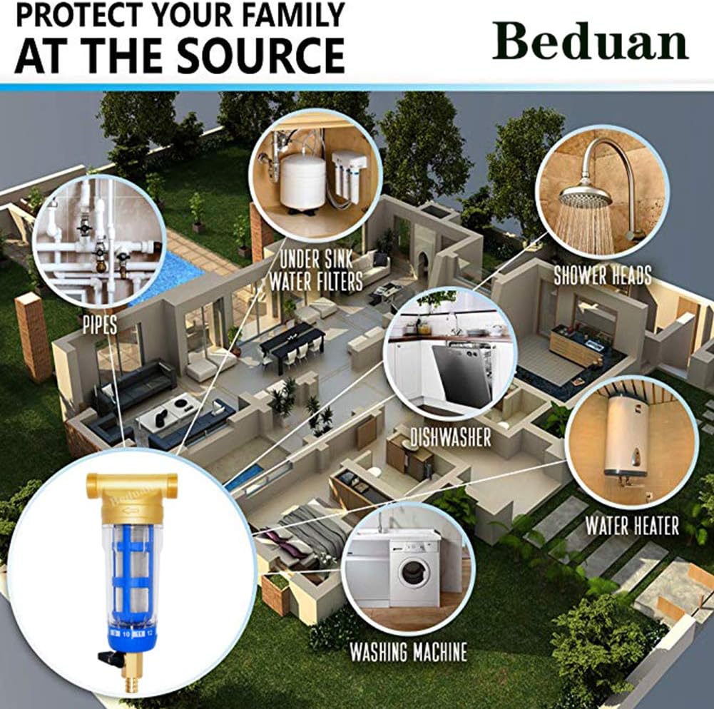 Beduan Water Pre-Filter Sediment Filter 40 Micron, 3/4" MNPT, 1/2" FNPT, Whole House Reusable Spin Down Sediment Filter System: Home Improvement