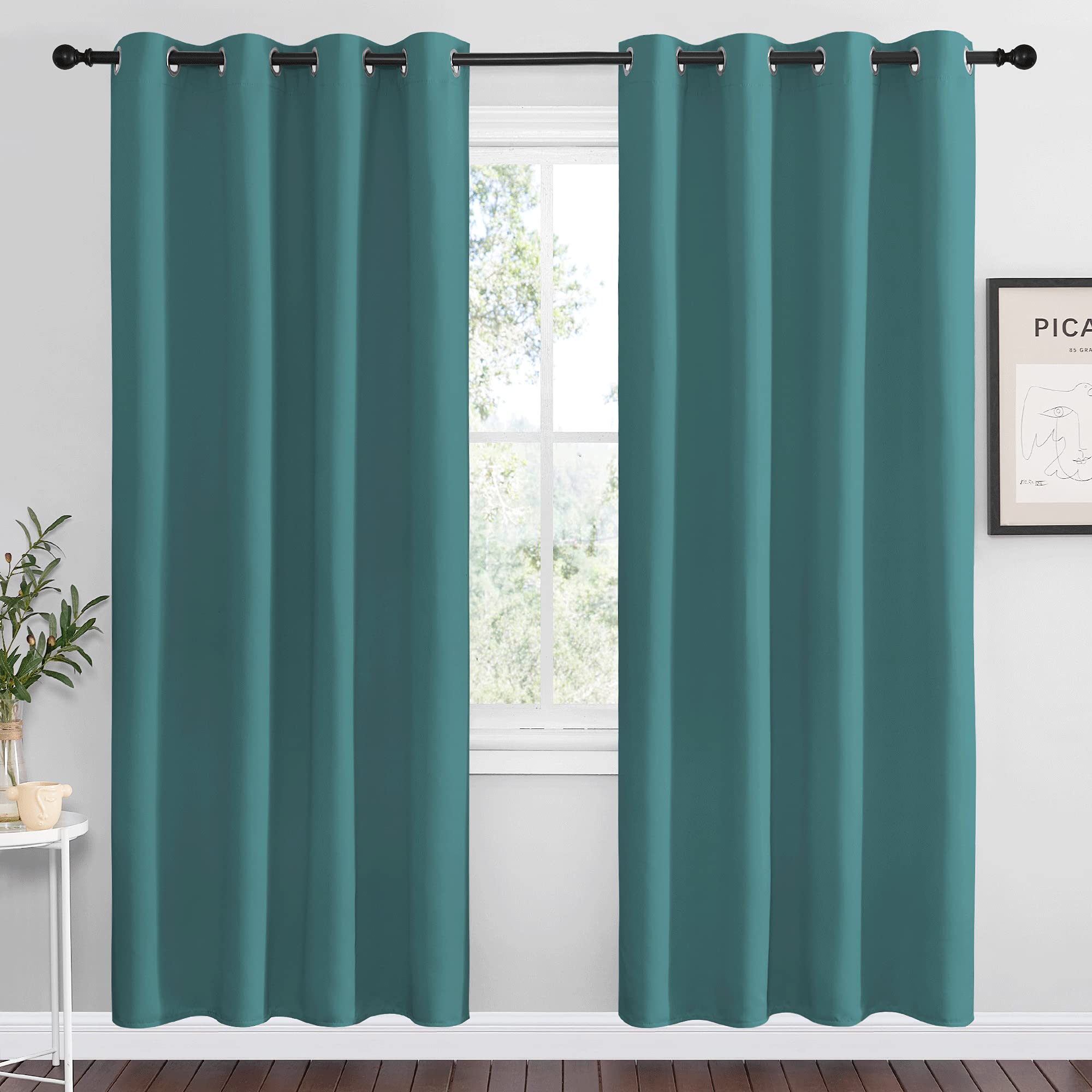 NICETOWN Insulated Curtains Blackout Draperies - Triple Weave Microfiber Home Thermal Insulated Solid Ring Top Blackout Curtains/Panels for Bedroom(Sea Teal, Set of 2, 55 x 78 Inch) Image